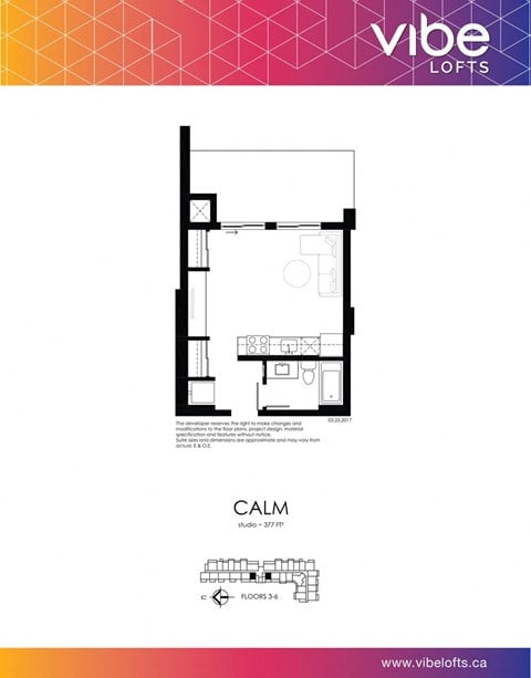 Floor plan for studio, 1 bath, 377 sqft
