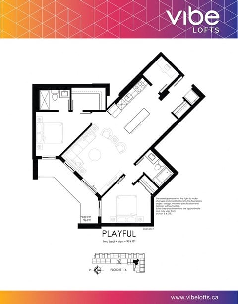 Floor plan for 2 beds, 2 baths, 732 sqft