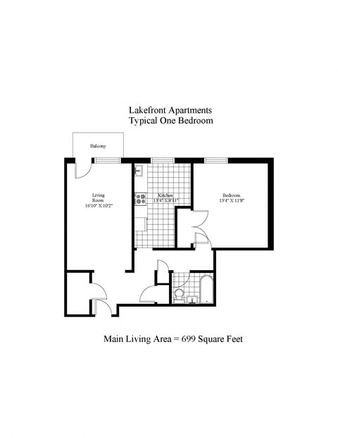 Floor plan for 1 bed, 1 bath, 699 sqft