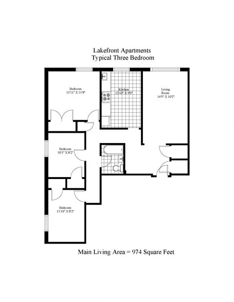 Floor plan for 3 beds, 1 bath, 974 sqft