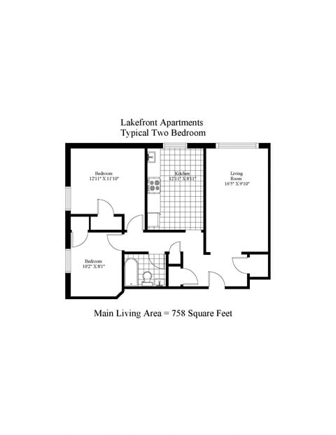Floor plan for 2 beds, 1 bath, 758 sqft