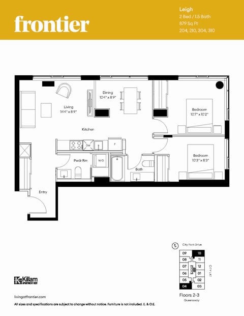 Floor plan for 2 beds, 1.5 baths, 901 sqft
