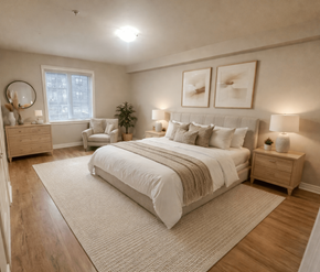 Fredericton apartment for rent - A bedroom with a large bed, a chair, and a potted plant.