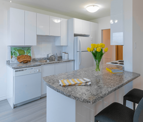 Moncton apartment for rent - A kitchen with a granite countertop and a painting of a loaf of bread on the wall.