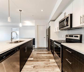 Edmonton apartment for rent - A modern kitchen with dark wood cabinets and stainless steel appliances.