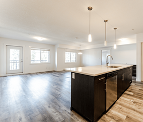 Edmonton apartment for rent - A kitchen with a large island and stainless steel appliances.