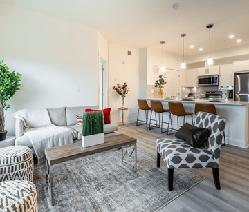 Calgary apartment for rent - A modern living room with a grey rug and a grey and white patterned chair.