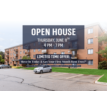 Waterloo apartment for rent - A sign advertises an open house on Thursday, June 11th from 4-7 PM.