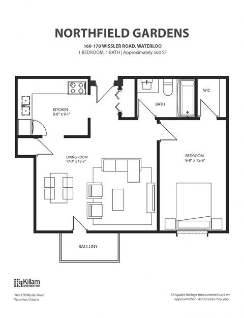 Floor plan for 1 bed, 1 bath, 560 sqft