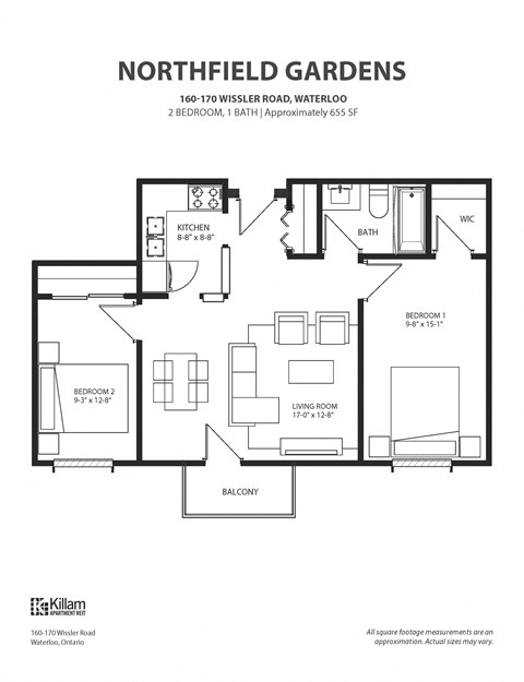 Floor plan for 2 beds, 1 bath, 807 sqft