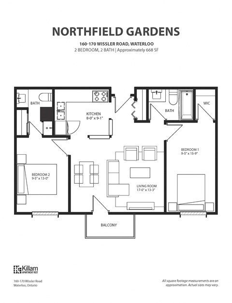 Floor plan for 2 beds, 2 baths, 807 sqft