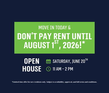 Mississauga apartment for rent - A promotional image offering a free move in for new residents until August 1st, 2026.