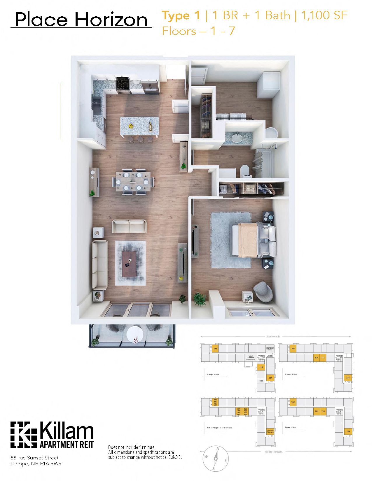 Floor plan for 1 bed, 1 bath, 1100 sqft