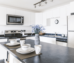 St. Johns apartment for rent - A kitchen with a black countertop and white cabinets.