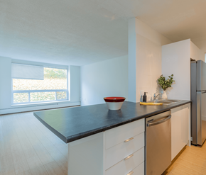 Fredericton apartment for rent - A kitchen with a black countertop and white cabinets.