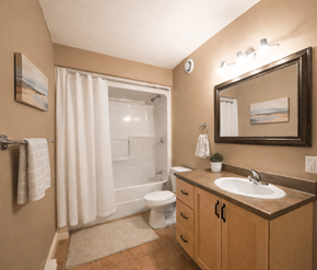 Dieppe apartment for rent - A bathroom with a toilet, sink, and shower.