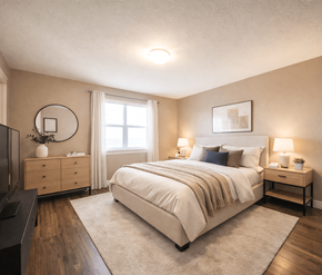 Dieppe apartment for rent - A well-lit bedroom with a large bed, a television, and a dresser.