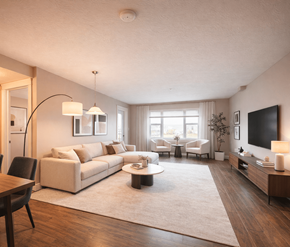 Dieppe apartment for rent - A modern living room with a large sectional sofa, a coffee table, and a flat-screen TV.