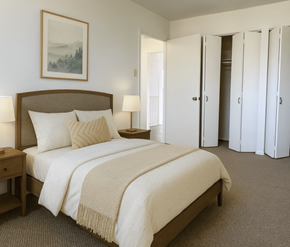Waterloo apartment for rent - A bedroom with a large bed and a painting on the wall.