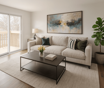 Waterloo apartment for rent - A living room with a white sofa, a coffee table, and a painting on the wall.