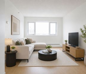 Halifax apartment for rent - A living room with a white couch, a black coffee table, and a flat screen TV.