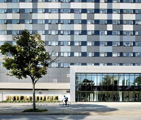 Halifax apartment for rent - A person riding a bicycle in front of a large building with a tree to the left.