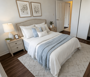 London apartment for rent - A bedroom with a large bed, a nightstand with a lamp, and two framed pictures on the wall.