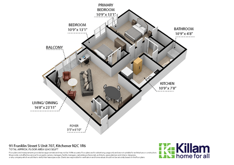 Floor plan for 2 beds, 1 bath, 810 sqft
