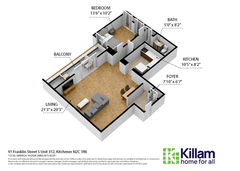 Floor plan for 1 bed, 1 bath, 660 sqft