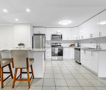 Cambridge apartment for rent - A modern kitchen with white cabinets and appliances.