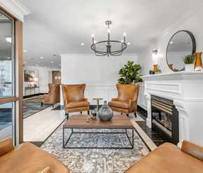Cambridge apartment for rent - A living room with a fireplace, chairs, and a plant.