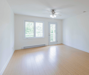 Saint John apartment for rent - A room with a ceiling fan and a window with a view of trees.