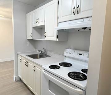 St. Johns apartment for rent - A white kitchen with a stove and sink.