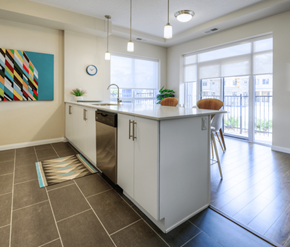 Cambridge apartment for rent - A kitchen with white cabinets and a painting on the wall.