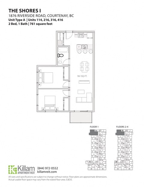 Floor plan for 2 beds, 1 bath, 761 sqft