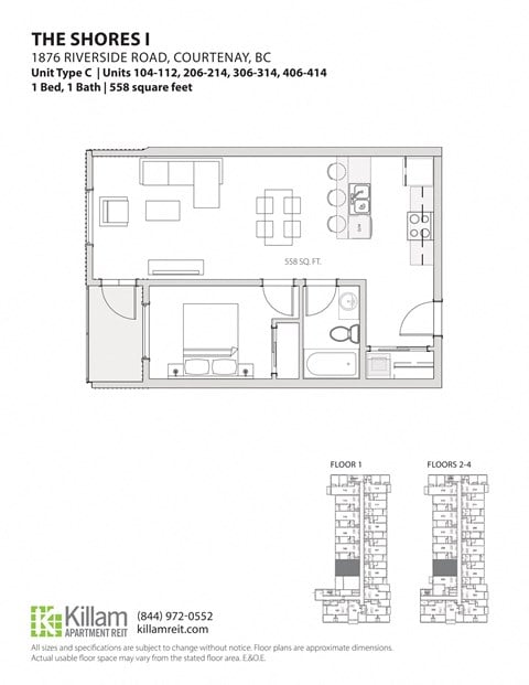 Floor plan for 1 bed, 1 bath, 558 sqft