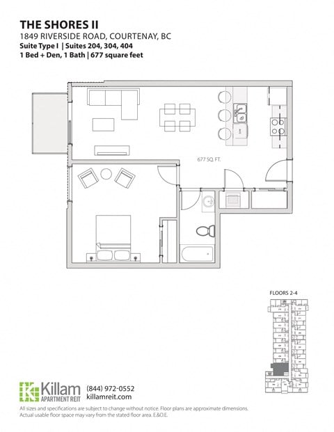 Floor plan for 1 bed, 1 bath, 715 sqft