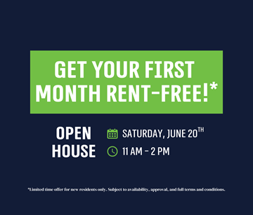Mississauga apartment for rent - An advertisement for a free first month rent offer on June 20th from 11 AM to 2 PM.