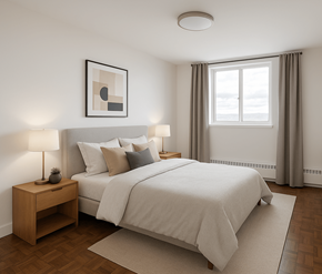 Mississauga apartment for rent - A bedroom with a large bed and a nightstand with a lamp.