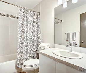 Calgary apartment for rent - A white bathroom with a sink, toilet, and shower curtain.