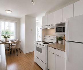 Riverview apartment for rent - A white kitchen with a stove, refrigerator, and dining table.