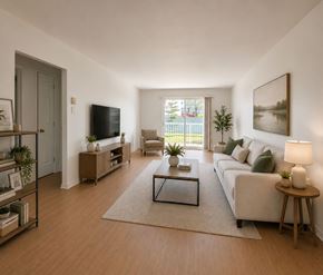 Riverview apartment for rent - A living room with a white couch, a coffee table, and a television.