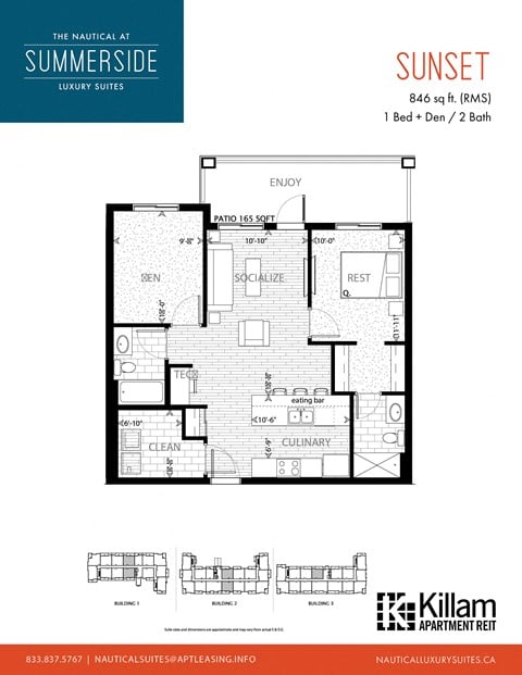 Floor plan for 1 bed, 2 baths, 846 sqft