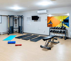 Saint John apartment for rent - A gym with a variety of equipment including a bench press, a squat rack, and a rowing machine.