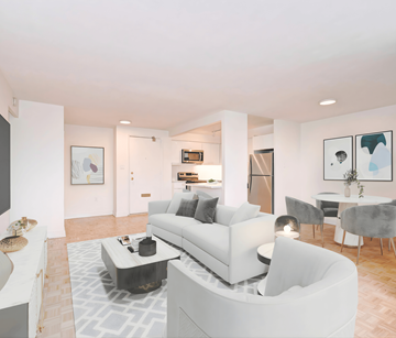 Kitchener apartment for rent - A modern living room with a white sofa and grey chairs.