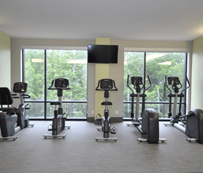 Fredericton apartment for rent - A gym with a row of exercise bikes and a television mounted on the wall.