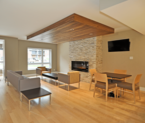 Fredericton apartment for rent - A modern living room with a stone fireplace and a television.