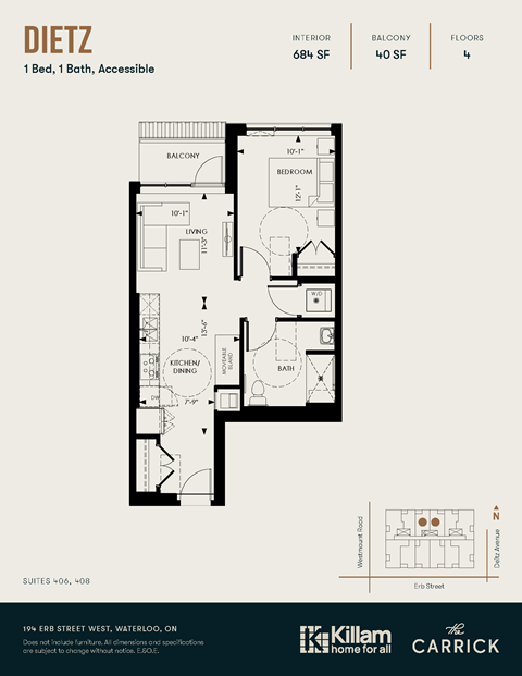 Floor plan for 1 bed, 1 bath, 608 sqft