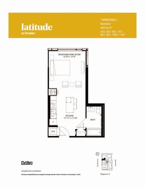 Floor plan for studio, 1 bath, 459 sqft