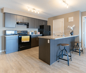 Sherwood Park apartment for rent - A kitchen with a black refrigerator and a black oven.